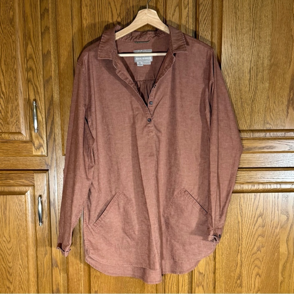 Royal Robbins Hemp Chambray Women’s Size XL Brown Tunic Top Hiking Gardening